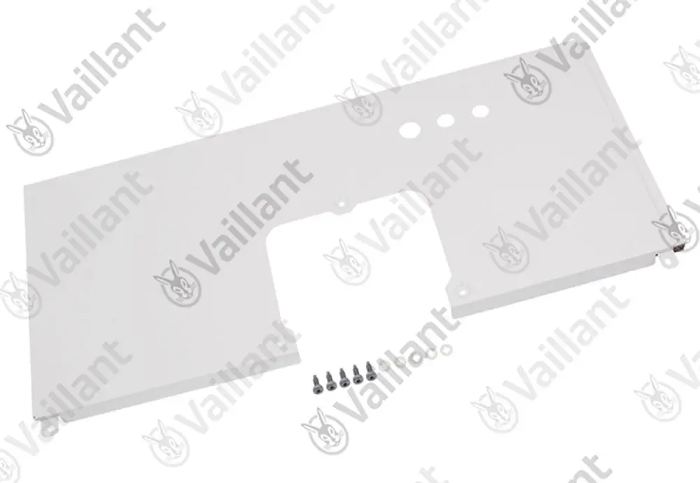 Weiße Rückwand von Vaillant mit Ausschnitten und mehreren Schrauben, geeignet für Montage.